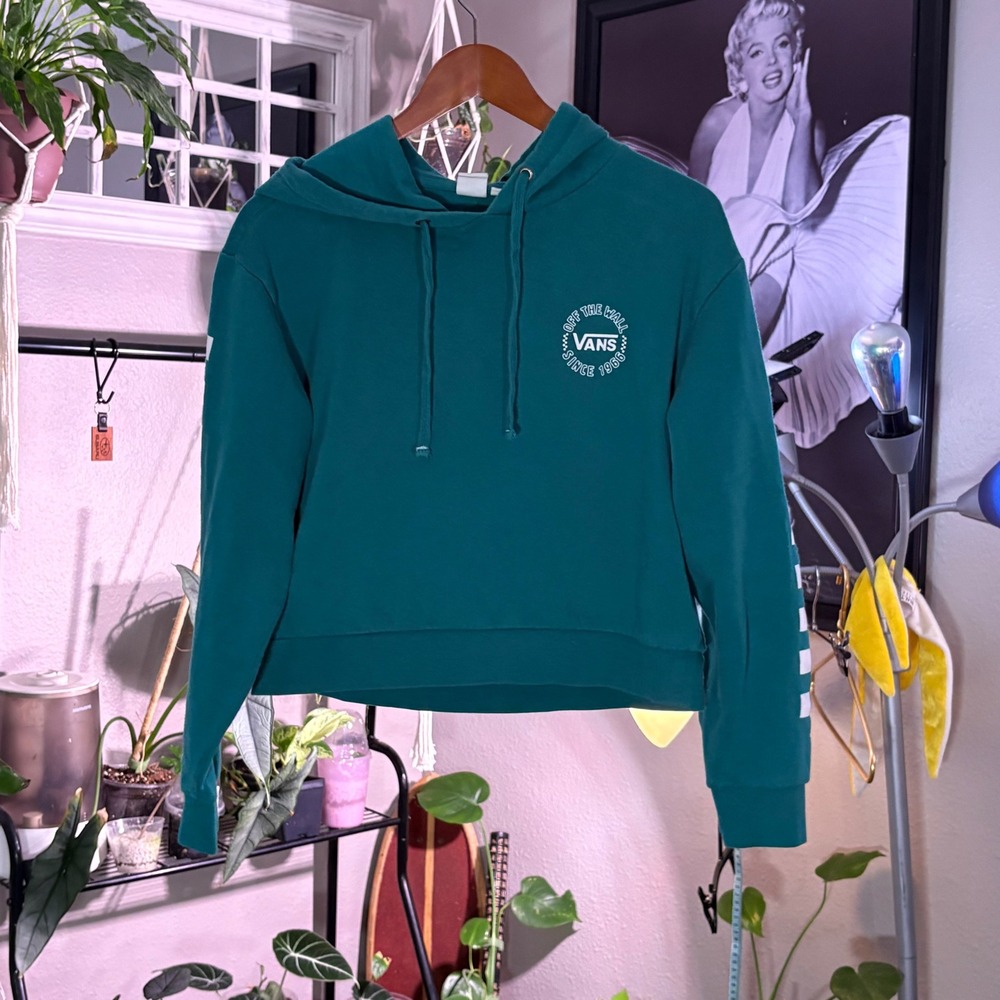 Vans Teal Cropped Hoodie Checkerboard Sleeve Off The‎ Wall Medium